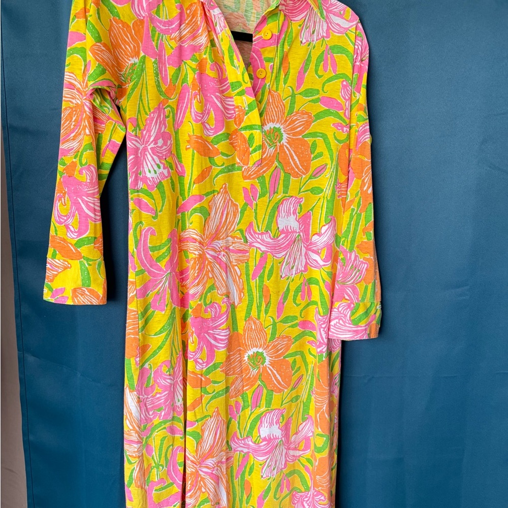 Lilly Pulitzer Neon Yellow Floral Midi Dress with Pink & Orange Blooms